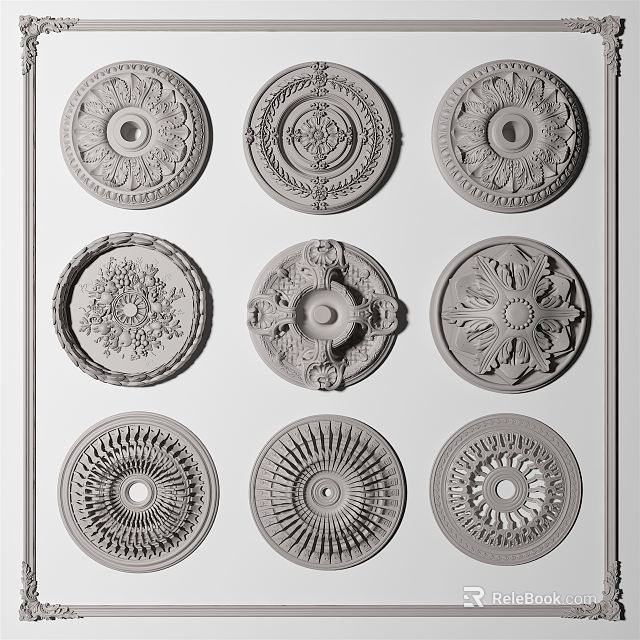 Decorative Ceiling Medallions With Various Ornate Carved Patterns And Designs For Interior Decoration 3d model 