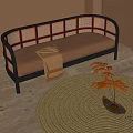 Multi seat Sofa Curved Black Frame Rattan Details Beige Cushion On Woven Rug With Plant