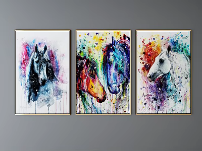 Vibrant Watercolor Horse Paintings with Colorful Splashes and Golden Frames Three Wall Art 3d model