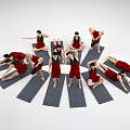 Multiple People Practicing Yoga in Red Outfits on Gray Mats with Various Poses in Circle