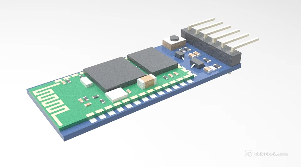 Industrial Circuit Board With Black Chips Electronic Components Green Substrate And Metal Pins 3d model 
