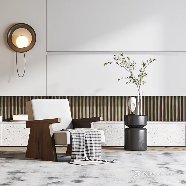 White Single Sofa Featuring Wooden Armrest Plaid Blanket Round Wall Lamp And Striped Decorative Wall 3d model 