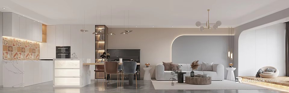 Modern Living Dining Room Interior With Pendant Lights Sofa Piano And Decor Elements 3d model