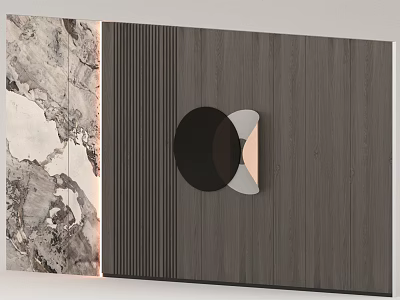 Modern Accent Wall Design With Marble Texture Wooden Stripes And Circular Metal Decor 3d model