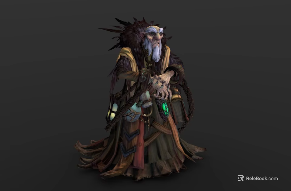 Old Man With Long White Beard In Feathered Robe Holding Skull And Magic Items 3d model 
