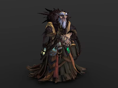 Old Man With Long White Beard In Feathered Robe Holding Skull And Magic Items 3d model