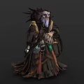 Old Man With Long White Beard In Feathered Robe Holding Skull And Magic Items