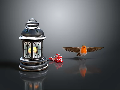 Vintage Lit Lantern With Glass Panes And Flying Bird Near Red Berries On Dark Background 3d model