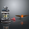 Vintage Lit Lantern With Glass Panes And Flying Bird Near Red Berries On Dark Background
