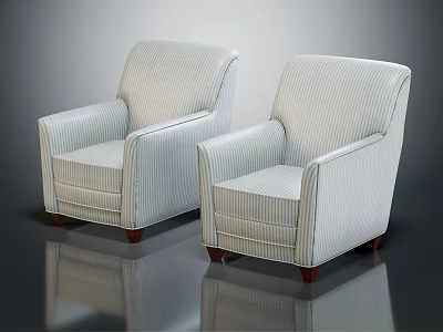 Set of Two White Striped Armchairs with Wooden Legs against Dark Background 3d model
