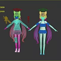 Two Anime Game Characters with Cat Ears Long Purple Hair School Uniform and Bikini