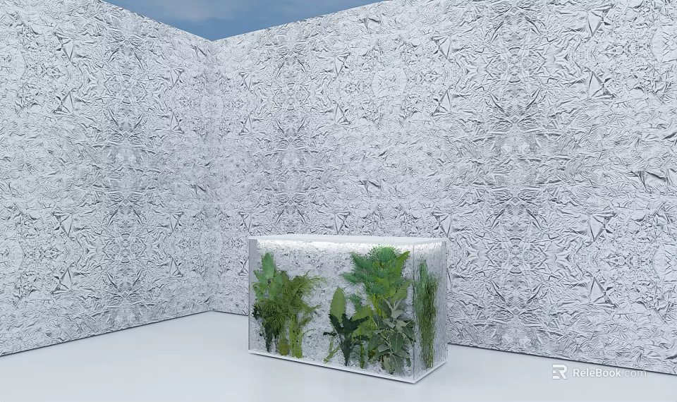 Room with Intricate Patterned Walls and Transparent Cube Container Holding Green Plants 3d model 
