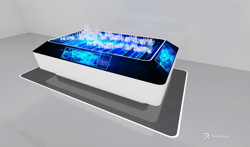 Hexagonal Display Table Featuring Blue Glowing Effect White Architectural Models And Digital Projections 3d model 