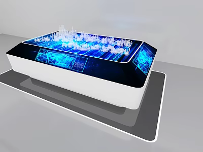 Hexagonal Display Table Featuring Blue Glowing Effect White Architectural Models And Digital Projections 3d model