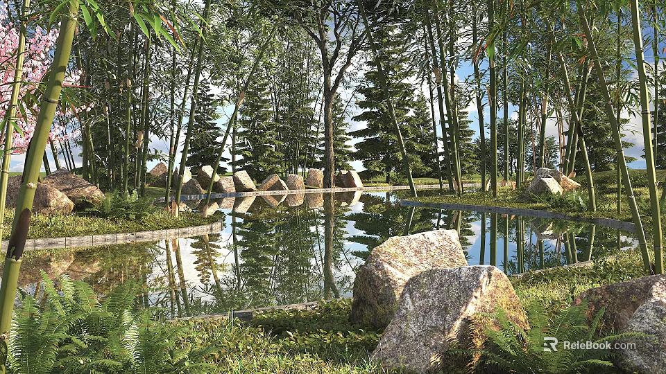 Bamboo Forest In Natural Landscape With Pond Rocks And Trees 3d model 