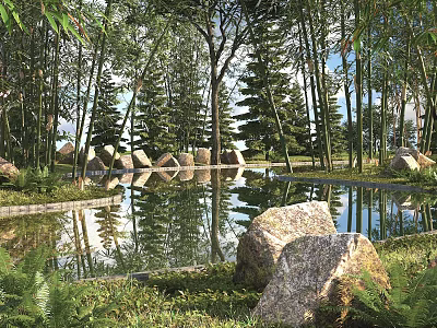 Bamboo Forest In Natural Landscape With Pond Rocks And Trees 3d model