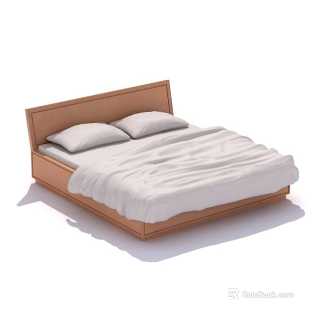 Double Bed With Wooden Headboard Two Pillows White Sheets And Blanket 3d model 