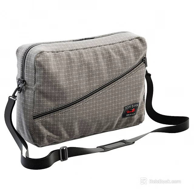Gray Grid Pattern Crossbody Bag with Black Zipper Shoulder Strap and Red Logo 3d model 