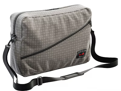 Gray Grid Pattern Crossbody Bag with Black Zipper Shoulder Strap and Red Logo 3d model