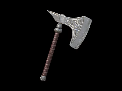 Medieval Battle Axe with Silver Blade Intricate Patterns and Brown Leather Wrapped Handle 3d model