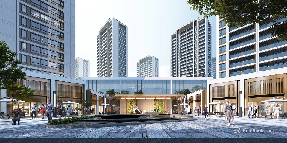 Modern High Rise Residential Buildings With Glass Facade Plaza And Pedestrians 3d model 