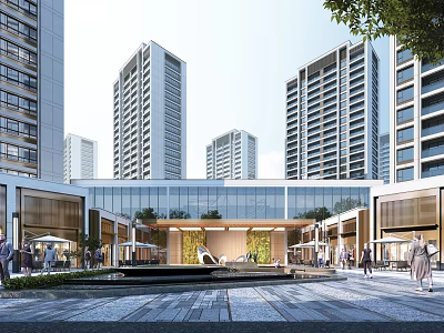 Modern High Rise Residential Buildings With Glass Facade Plaza And Pedestrians 3d model