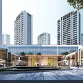 Modern High Rise Residential Buildings With Glass Facade Plaza And Pedestrians