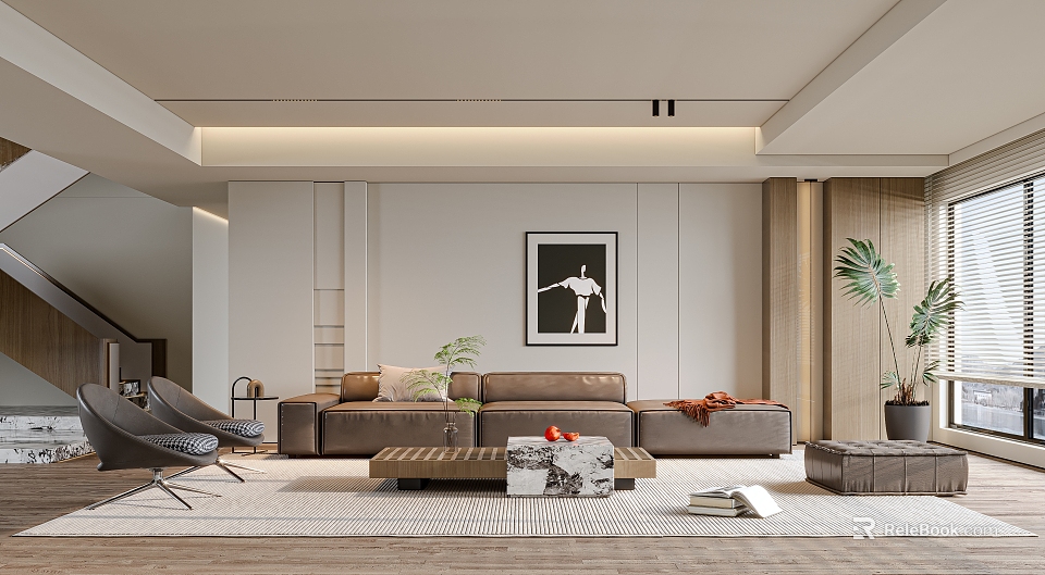 Modern Living Room Interior Design With Brown Sofa Marble Coffee Table Rug And Wall Art 3d model 