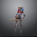 Colorful Haired Female Character With Blue Red Pigtails Holding Baseball Bat And Stylish Outfit