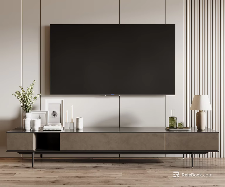 Modern TV Stand Featuring Potted Plant Picture Frame Candles Mugs And Table Lamp 3d model 