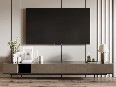 Modern TV Stand Featuring Potted Plant Picture Frame Candles Mugs And Table Lamp 3d model