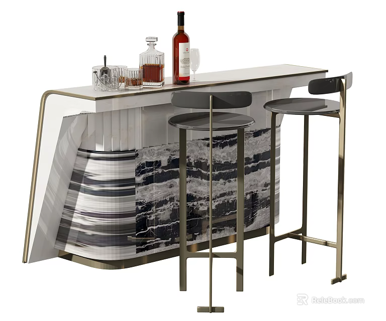 Modern Bar Counter with Wine Bottle Glasses and Two Stools Metal Frame and Striped Panel 3d model 