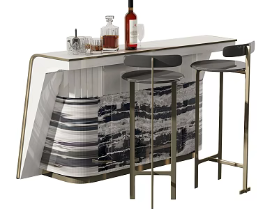 Modern Bar Counter with Wine Bottle Glasses and Two Stools Metal Frame and Striped Panel 3d model