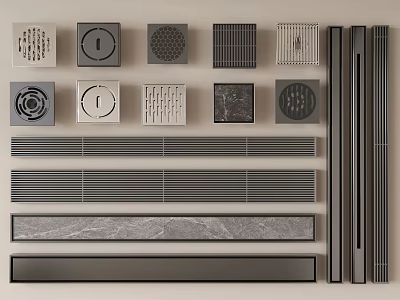Modern Bathroom Accessories Featuring Various Drain Covers Grilles And Strip Drains 3d model