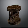 Hand Carved Wooden Stool With Round Top And Animal Shaped Base Intricate Patterns