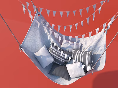 Cozy Hammock with Gray White Striped Pillows and White Triangular Bunting on Red Background 3d model