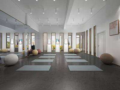 Spacious Yoga Studio Interior With Yoga Mats Exercise Balls Mirrors And Windows For Fitness Workouts 3d model