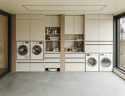 Modern Laundry Room Design With Multiple Washing Machines Built-in Cabinets And Dryers In Bright Space 3d model