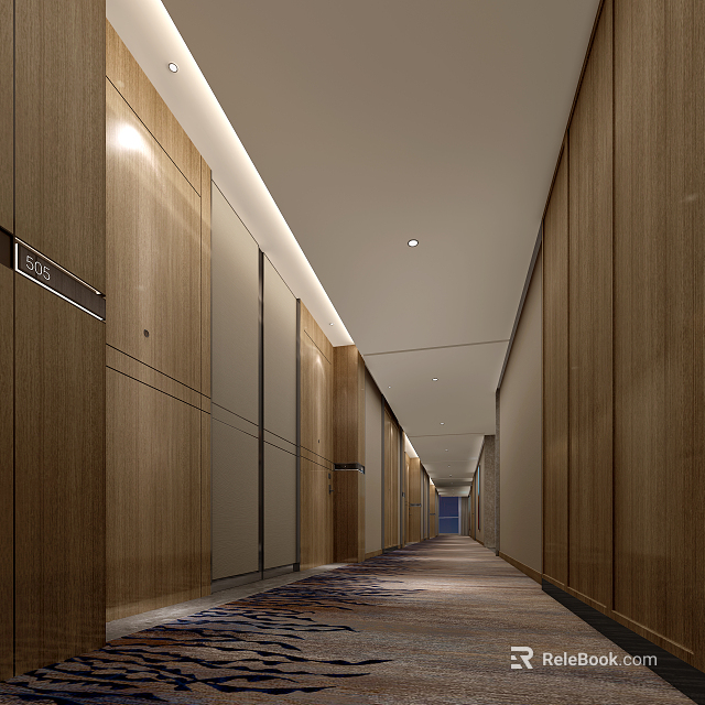 Modern Hotel Corridor Interior With Wooden Walls Room Numbers Carpet And Lighting 3d model 