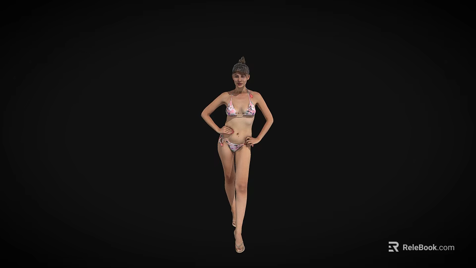 A woman posing confidently in stylish bikini with hands on hips against black background 3d model 