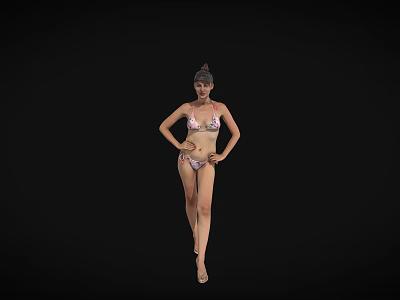 A woman posing confidently in stylish bikini with hands on hips against black background 3d model