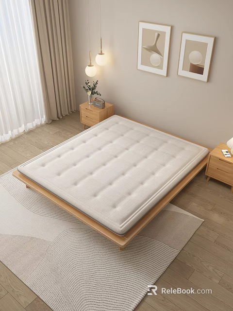Comfortable Mattress On Wooden Platform Bed With Bedside Tables Lamp And Rug 3d model 