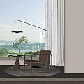 Modern Brown Single Sofa With Metal Frame On Rug By Floor Lamp And Lake View