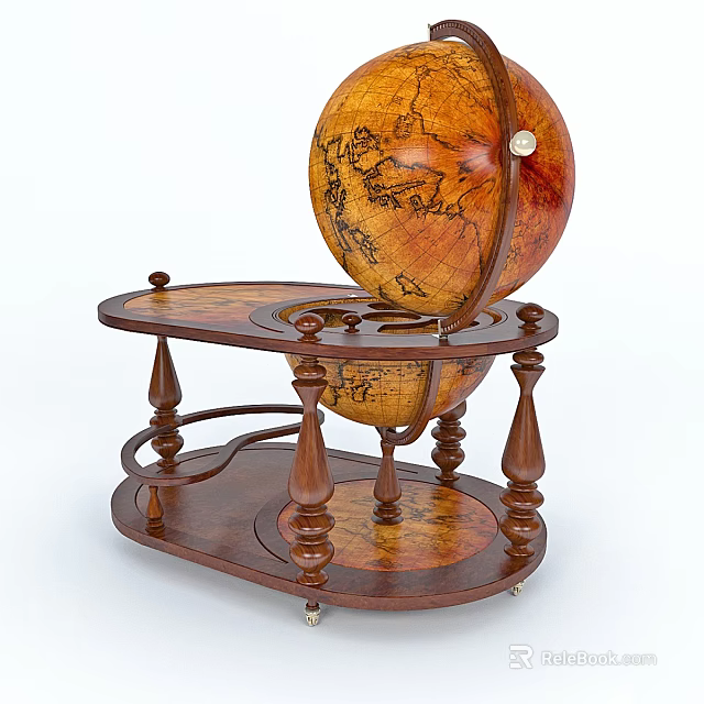 Antique Vintage Globe With Detailed World Map On Elegant Wooden Carved Stand 3d model 
