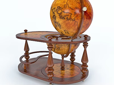 Antique Vintage Globe With Detailed World Map On Elegant Wooden Carved Stand 3d model