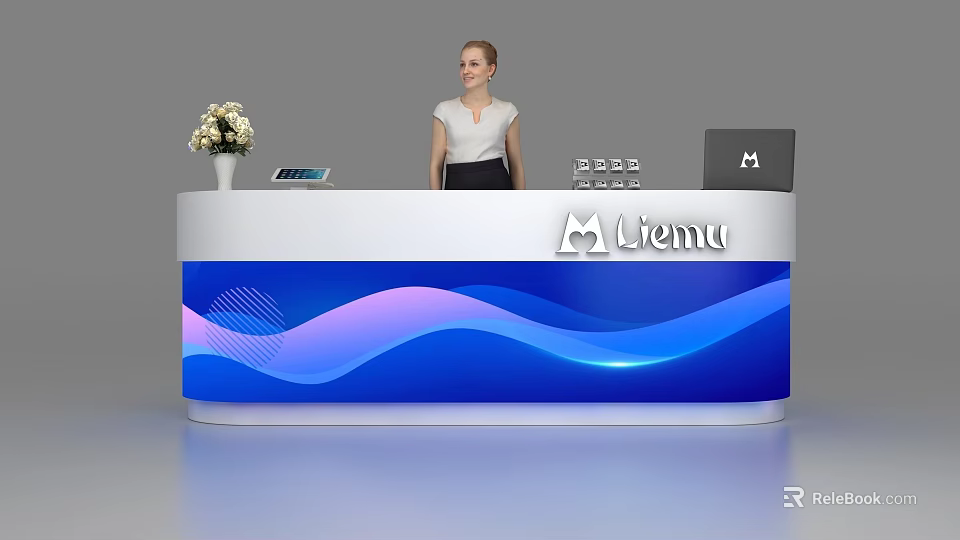 Modern Reception Desk With Blue Wavy Pattern Liemu Logo And White Flower Vase 3d model 