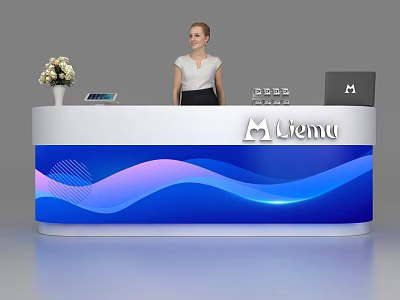 Modern Reception Desk With Blue Wavy Pattern Liemu Logo And White Flower Vase 3d model