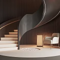 Modern Spiral Staircase With Illuminated LED Strip And Accent Chair On Circular Platform