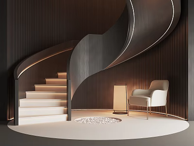Modern Spiral Staircase With Illuminated LED Strip And Accent Chair On Circular Platform 3d model