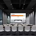 Modern Conference Room With White Chairs Large Screen VALAX Logo And Gray Walls